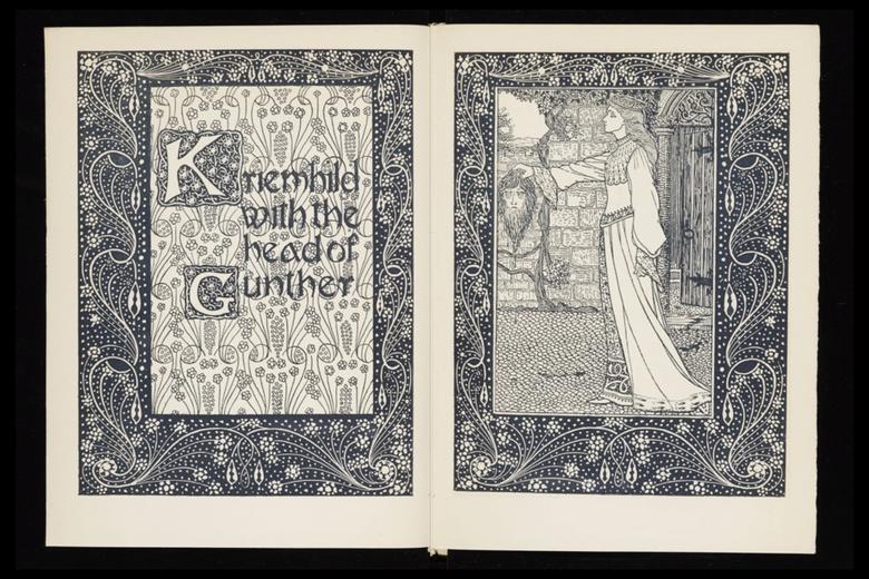 A title on the left reads 'Kriemhild with the head of Gunther' on the left. On the right, a woman in a long dress holds up a bearded severed head.